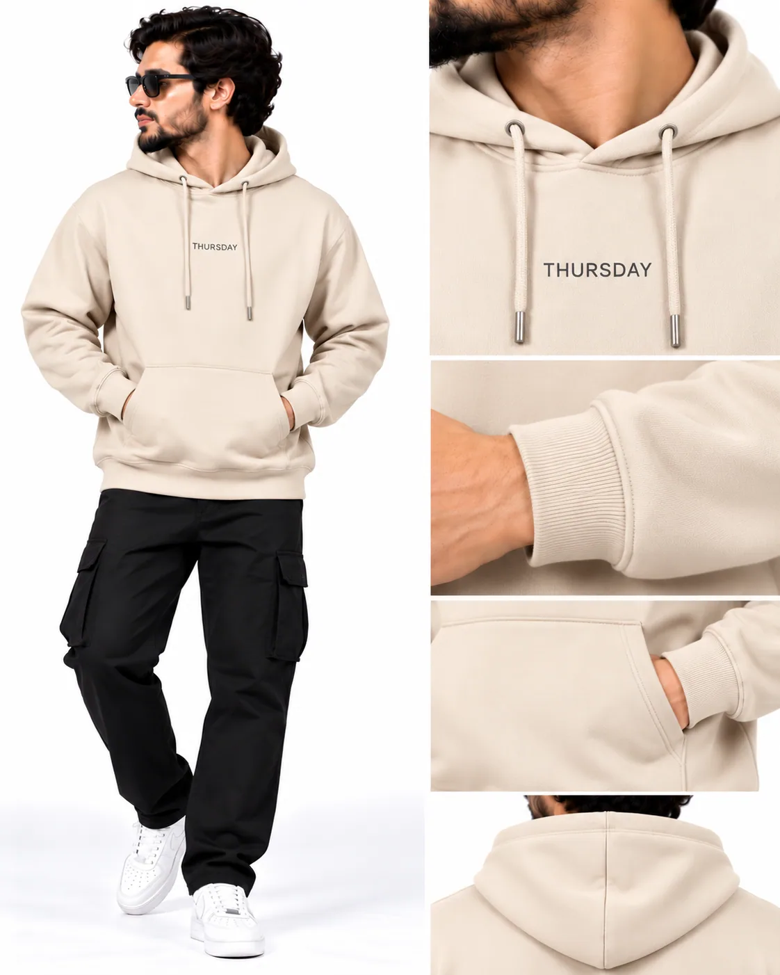 Beige Thursday Hoodie Detail Collage