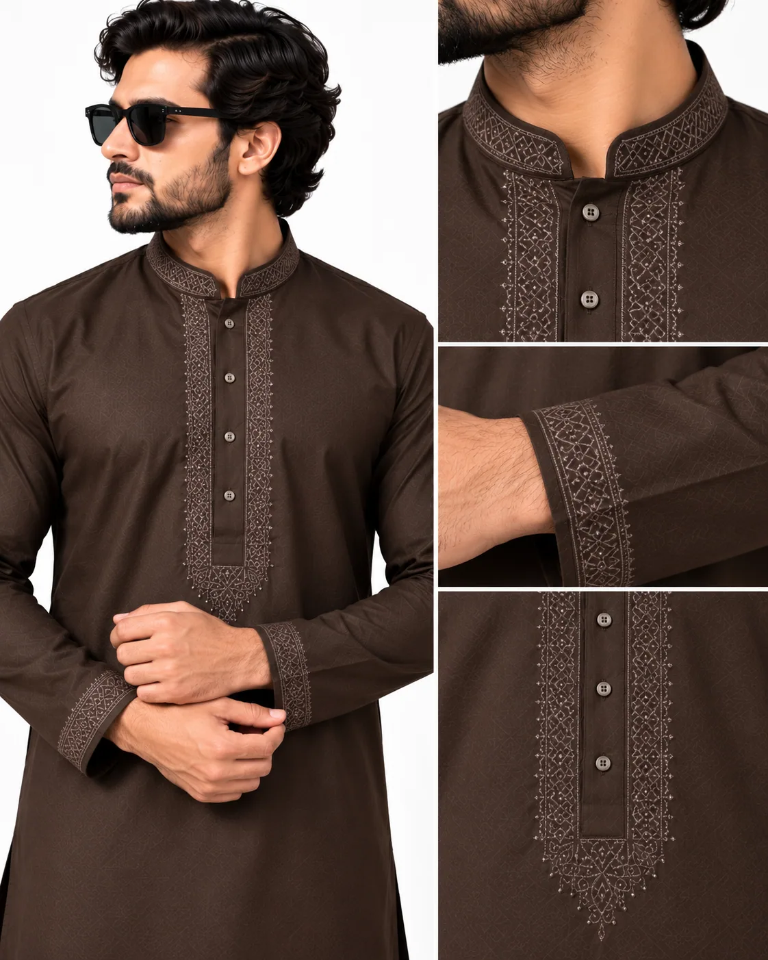 Embroidered Brown Kurta Detail Collage