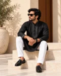 Embroidered Black Kurta with White Trousers