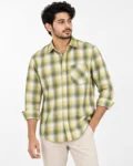 Yellow Olive Plaid Shirt on Wooden Hanger